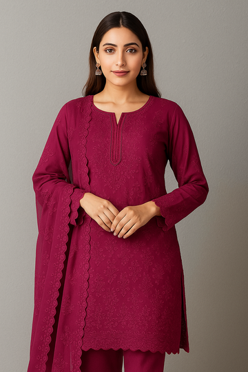 Stuff Classic Lawn Front Jaal Boring Work  Shirt,Plain Trouser Along With Chiffon  2 Side Border Cutwork Boring Work Embroided  Dupatta 3pcs Dres